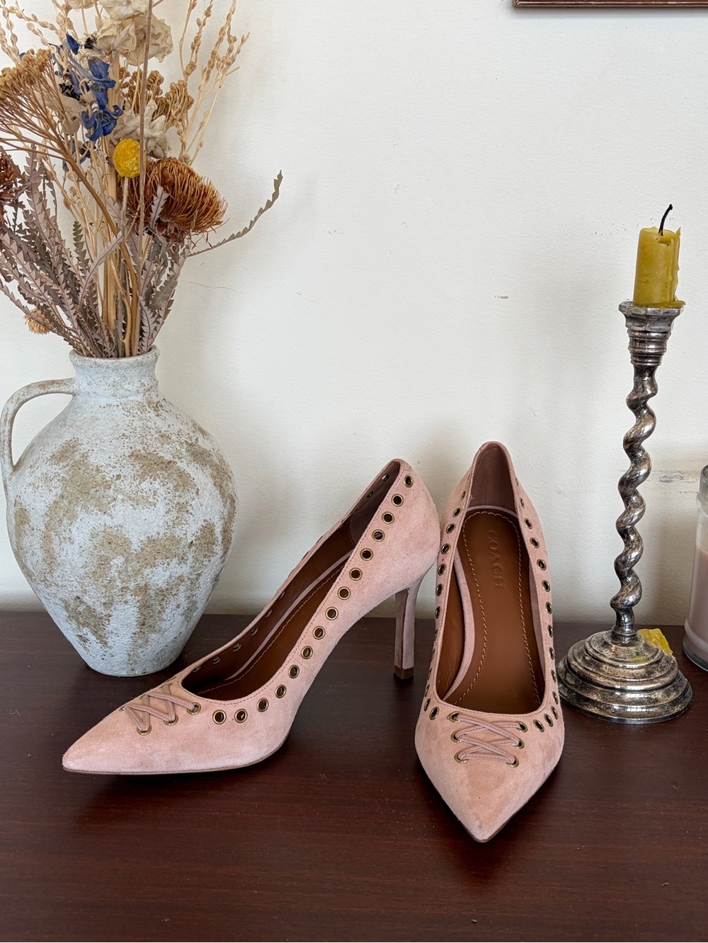 Coach Rose Blush Suede Pointed-Toe Eyelet Heels